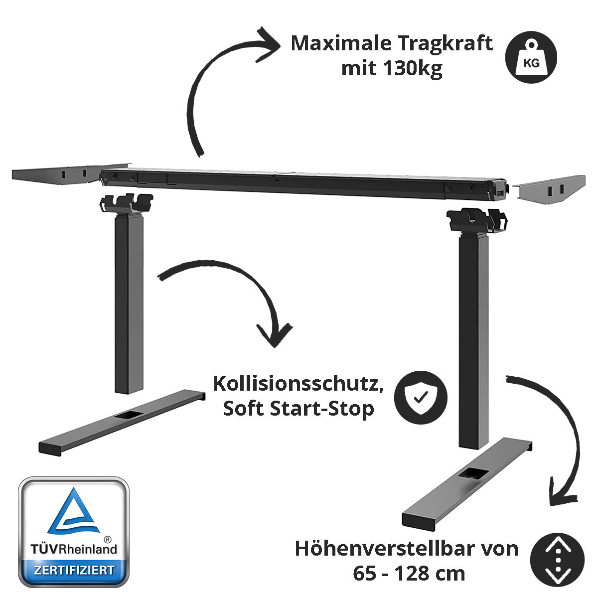 höhenverstellbares Gestell mit TÜV Zertifizierung, Tragkraft von 130kg und Kollisionsschutz