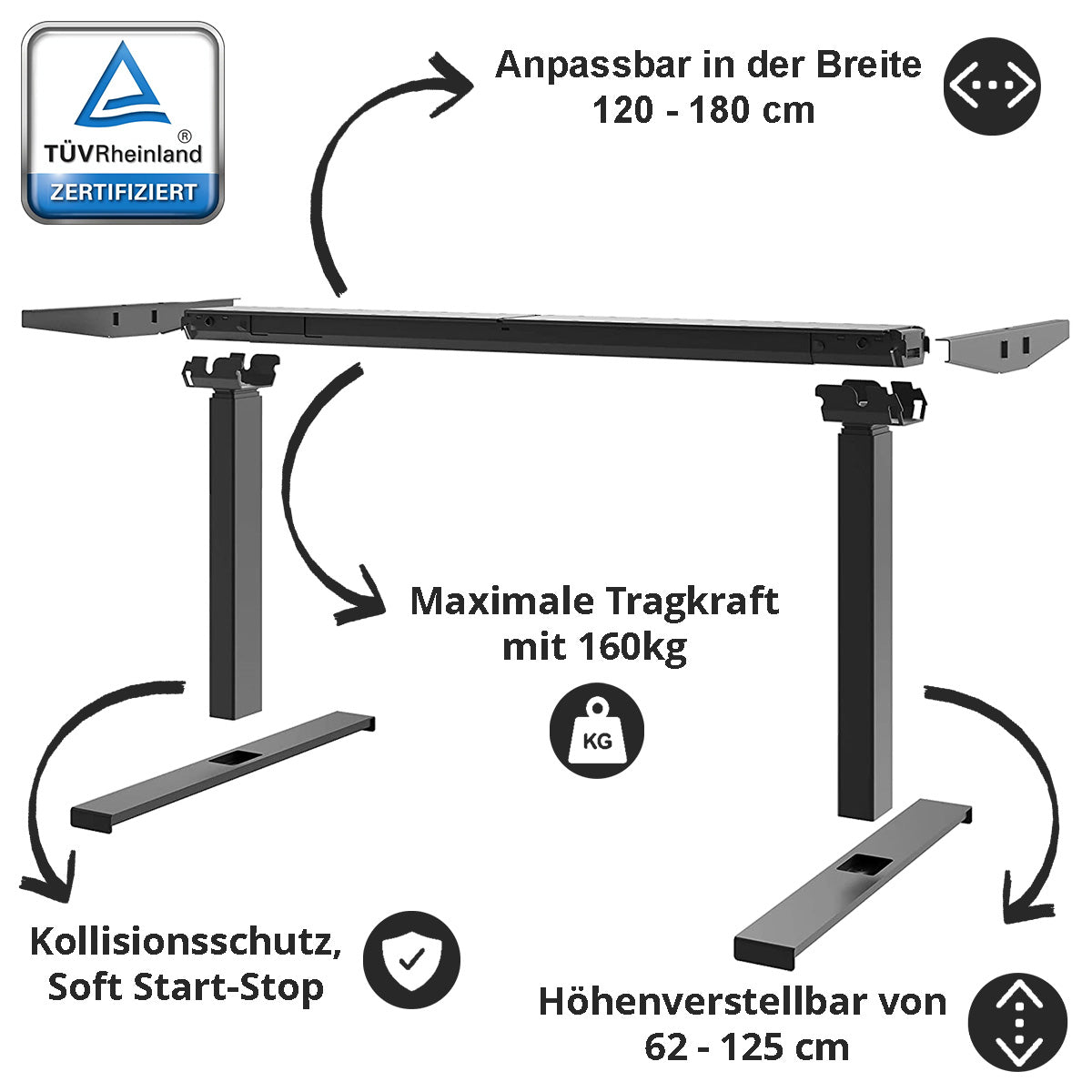 Höhenverstellbares Tischgestell TÜV Zertifiziert, Kollisionsschutz, Soft-Start-Stop